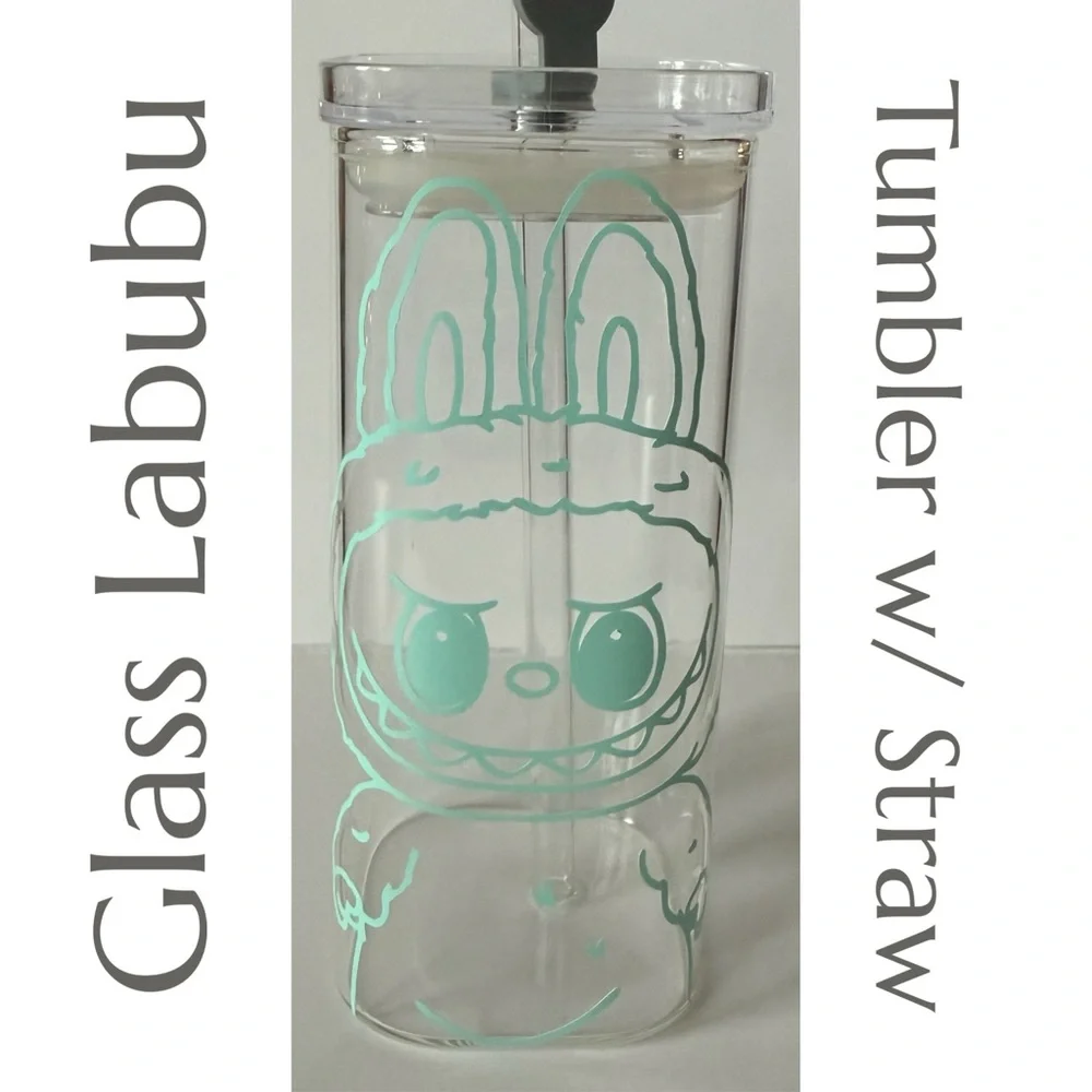 Glass Labubu Tumbler with Straw -‎ Sage/Teal Green